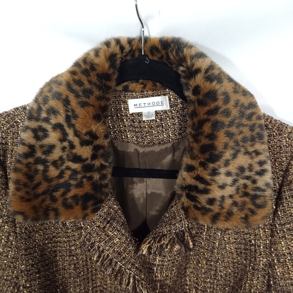 Methode Jacket Womens 12 Brown Blazer Fur Trim Animal Print Business Old Money - Picture 3 of 7